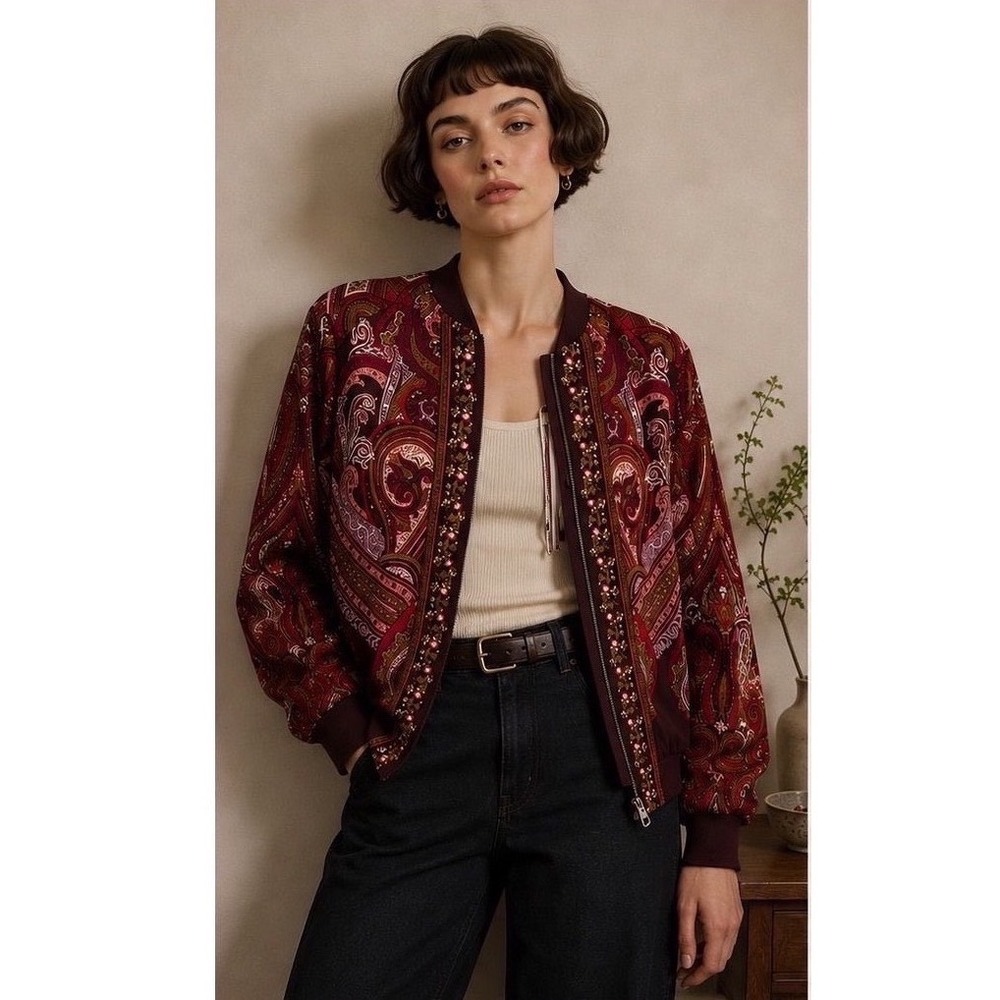 Susan Graver Paisley Print Bomber Jacket Burgundy Pink Gold Zip Front Medium